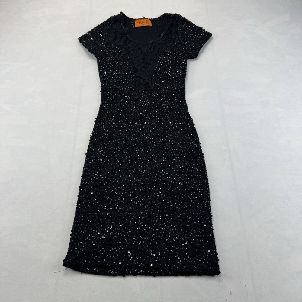 Voom by Joy Han S Black Sequin Short Sleeve Dress Lace Neckline